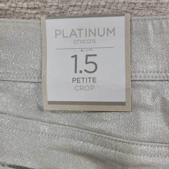 Chicos Platinum Girlfriend Coated Jeans Womens 10/M Silver Metallic Glitter New - Picture 5 of 10